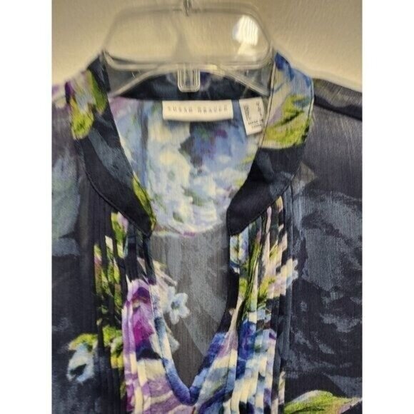 Susan Graver Womens BOHO Blouse Top Medium NavyFloral Sheer Chiffon Long Sleeve - Picture 3 of 11